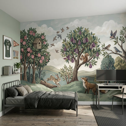 Woodland Landscape Wallpaper Storybook Illustration Removable Green Hills Wall Decor