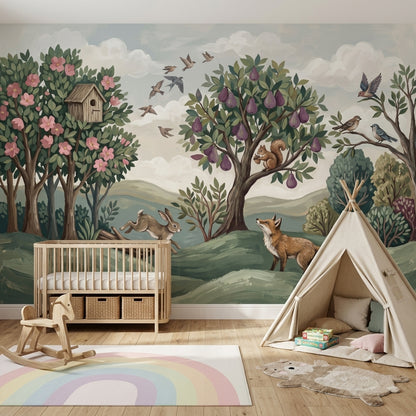 Woodland Landscape Wallpaper Storybook Illustration Removable Green Hills Wall Decor
