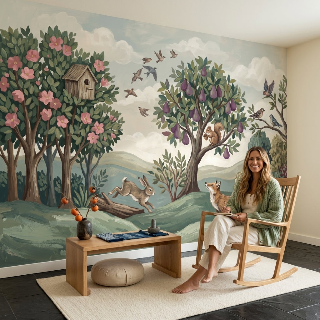 Woodland Landscape Wallpaper Storybook Illustration Removable Green Hills Wall Decor