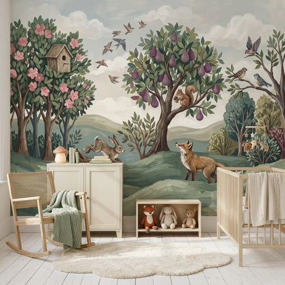 Woodland Landscape Wallpaper Storybook Illustration Removable Green Hills Wall Decor