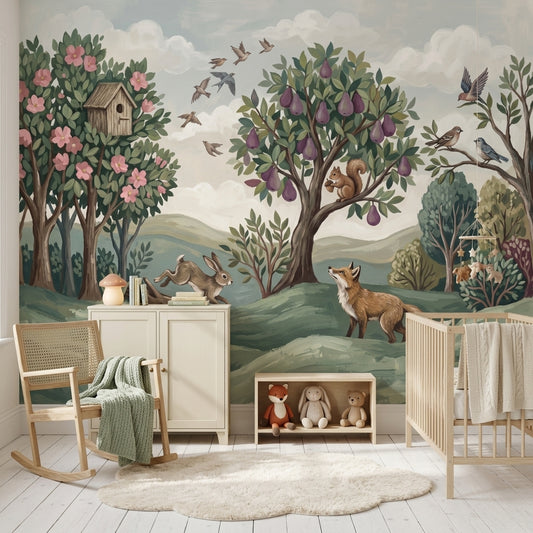 Woodland Landscape Wallpaper Storybook Illustration Removable Green Hills Wall Decor