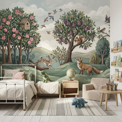 Woodland Landscape Wallpaper Storybook Illustration Removable Green Hills Wall Decor
