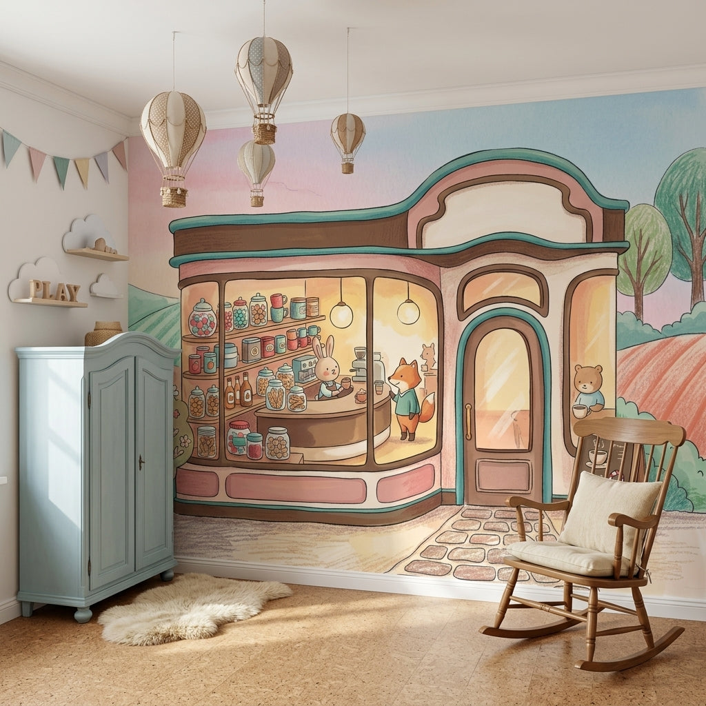 Pastel Cafe Wallpaper Storybook Illustration Cute Animals Removable Wall Decor