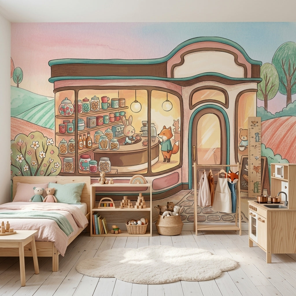 Pastel Cafe Wallpaper Storybook Illustration Cute Animals Removable Wall Decor