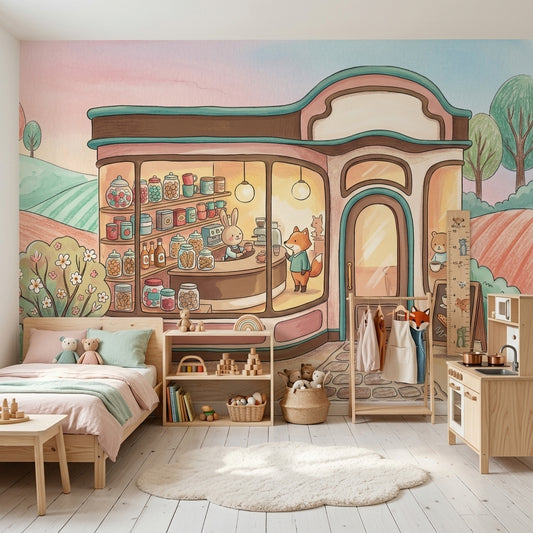 Pastel Cafe Wallpaper Storybook Illustration Cute Animals Removable Wall Decor