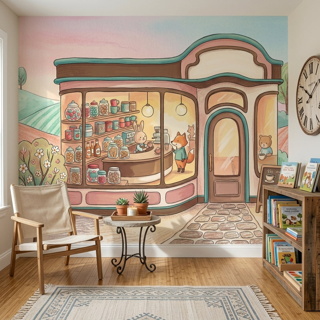 Pastel Cafe Wallpaper Storybook Illustration Cute Animals Removable Wall Decor