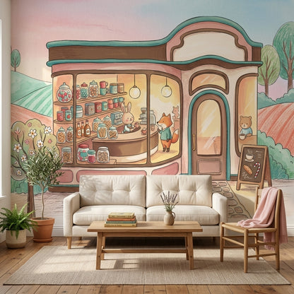 Pastel Cafe Wallpaper Storybook Illustration Cute Animals Removable Wall Decor