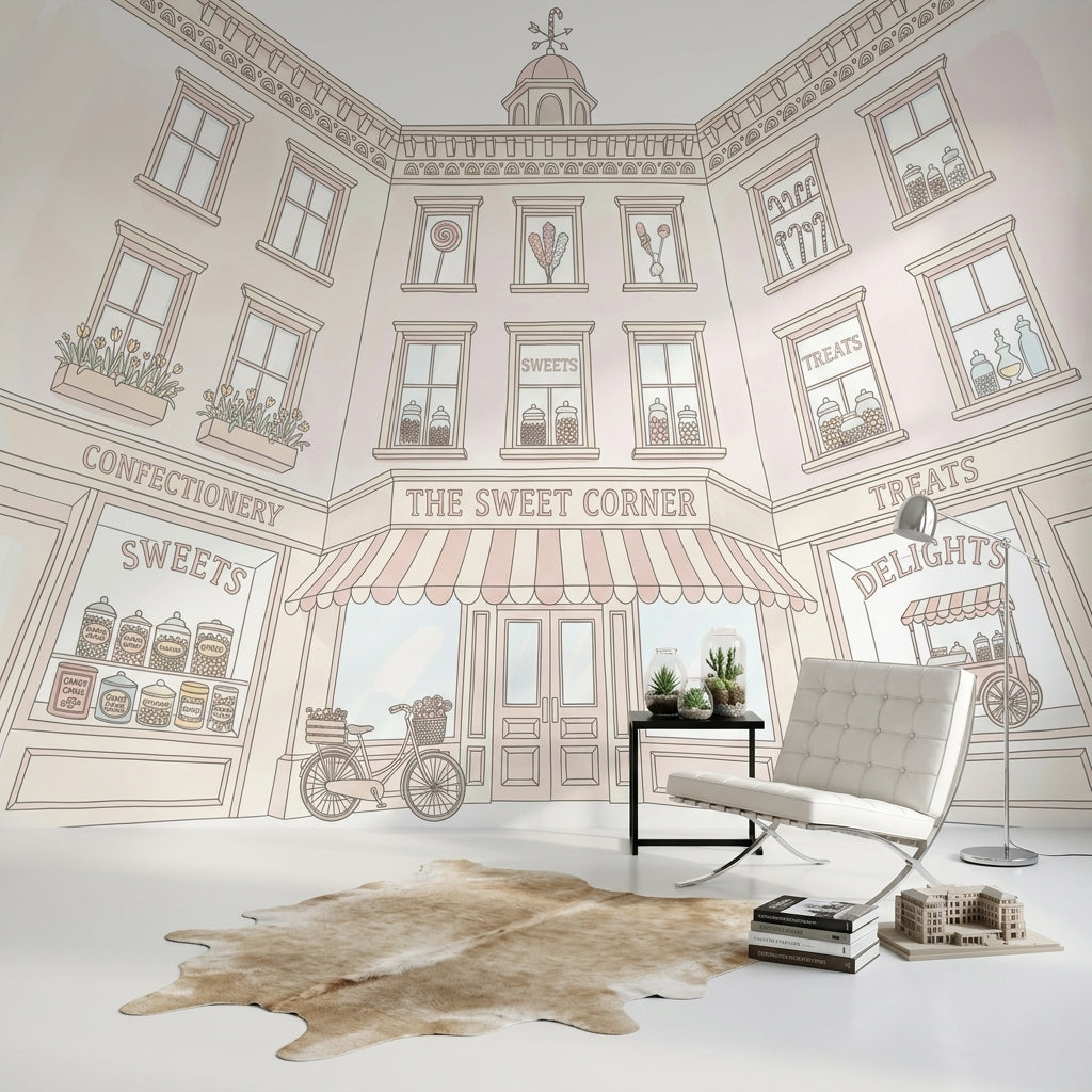 Candy Shop Wallpaper Sweet Shop Storefront Pastel Line Art Wall Mural