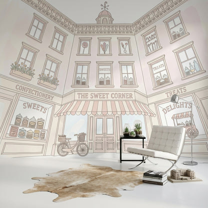 Candy Shop Wallpaper Sweet Shop Storefront Pastel Line Art Wall Mural