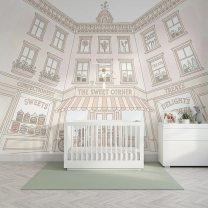 Candy Shop Wallpaper Sweet Shop Storefront Pastel Line Art Wall Mural