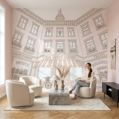 Candy Shop Wallpaper Sweet Shop Storefront Pastel Line Art Wall Mural
