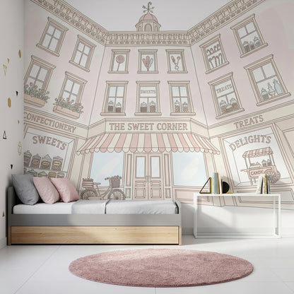 Candy Shop Wallpaper Sweet Shop Storefront Pastel Line Art Wall Mural