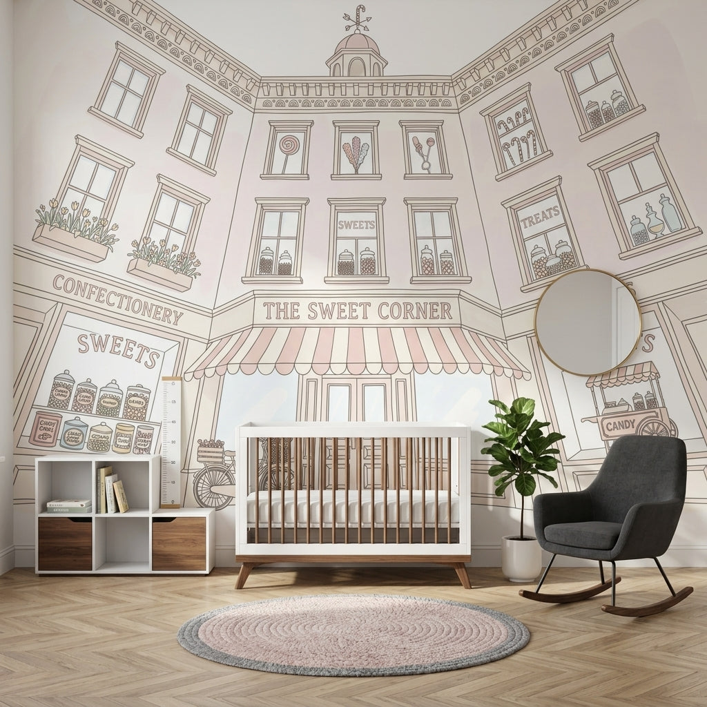 Candy Shop Wallpaper Sweet Shop Storefront Pastel Line Art Wall Mural