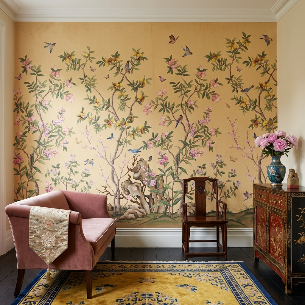 Chinoiserie Inspired Wallpaper Pastel Pink Blossoms Beige Parchment Background Wall Mural