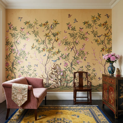 Chinoiserie Inspired Wallpaper Pastel Pink Blossoms Beige Parchment Background Wall Mural