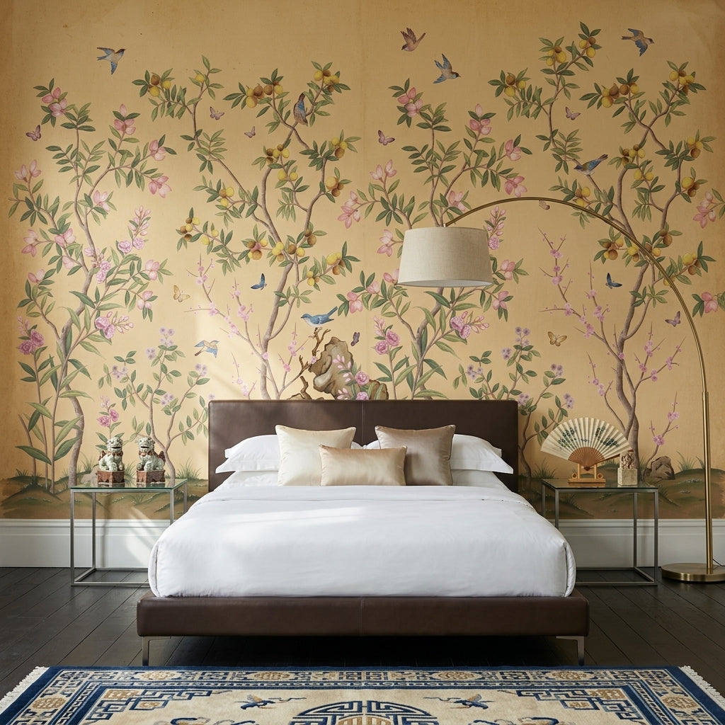 Chinoiserie Inspired Wallpaper Pastel Pink Blossoms Beige Parchment Background Wall Mural