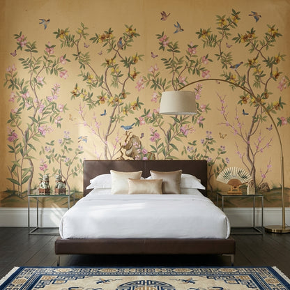 Chinoiserie Inspired Wallpaper Pastel Pink Blossoms Beige Parchment Background Wall Mural
