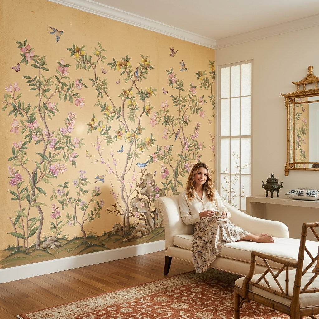 Chinoiserie Inspired Wallpaper Pastel Pink Blossoms Beige Parchment Background Wall Mural