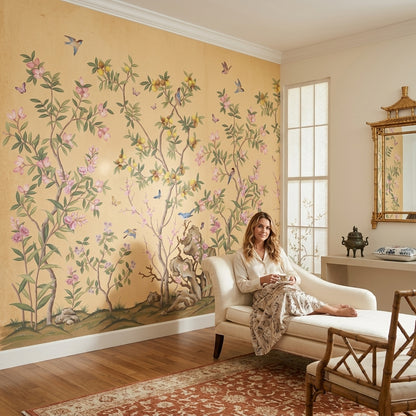 Chinoiserie Inspired Wallpaper Pastel Pink Blossoms Beige Parchment Background Wall Mural