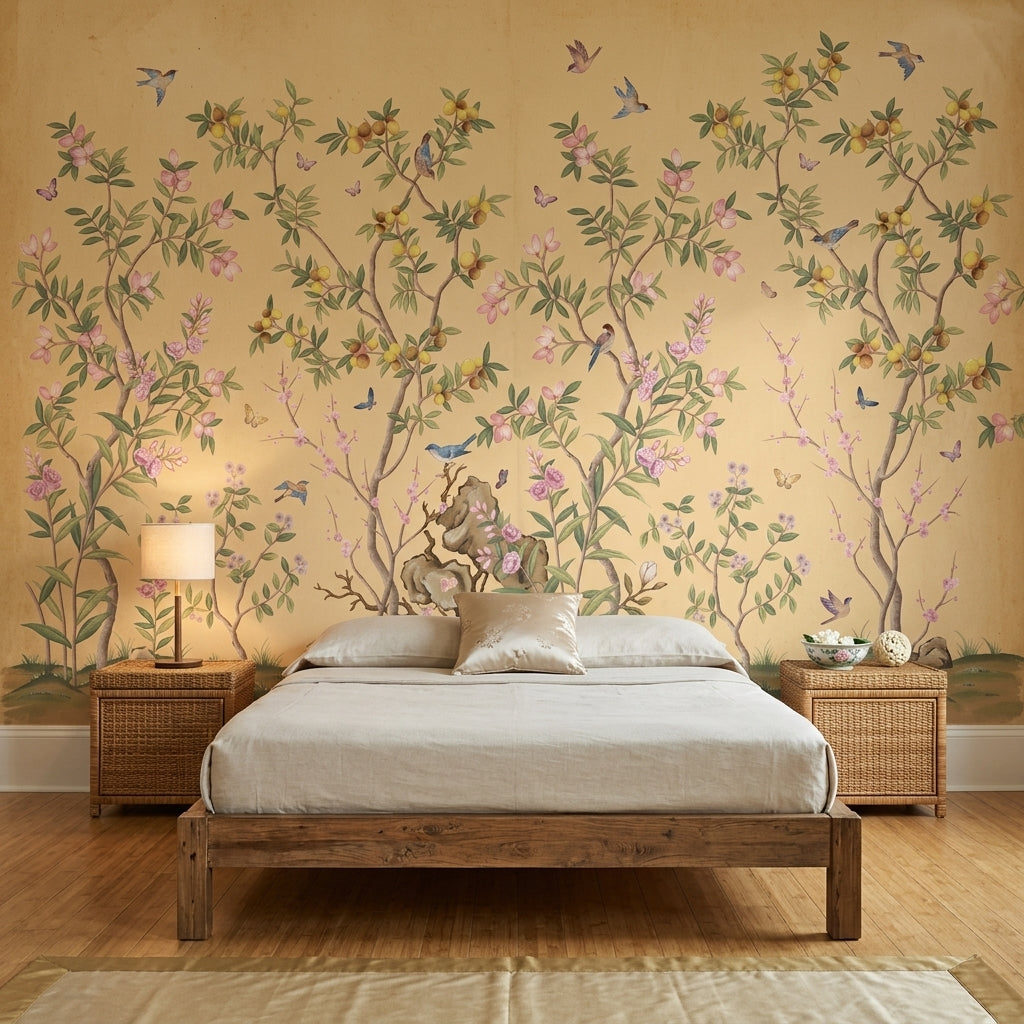 Chinoiserie Inspired Wallpaper Pastel Pink Blossoms Beige Parchment Background Wall Mural