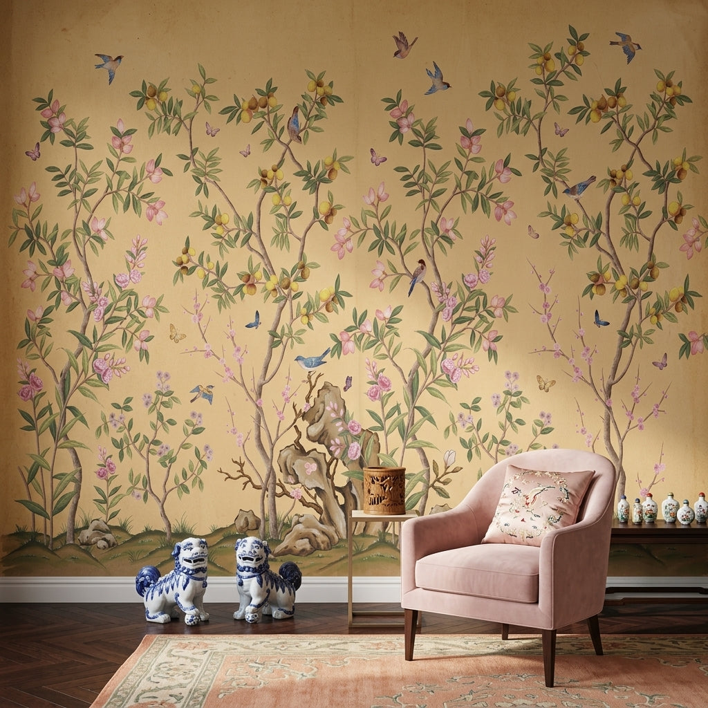 Chinoiserie Inspired Wallpaper Pastel Pink Blossoms Beige Parchment Background Wall Mural