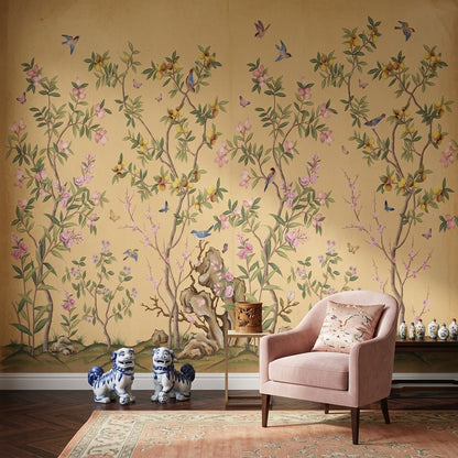 Chinoiserie Inspired Wallpaper Pastel Pink Blossoms Beige Parchment Background Wall Mural