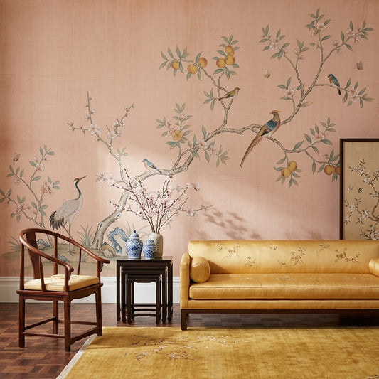 Chinoiserie Wallpaper Bird And Blossom Removable Crane Wall Decor