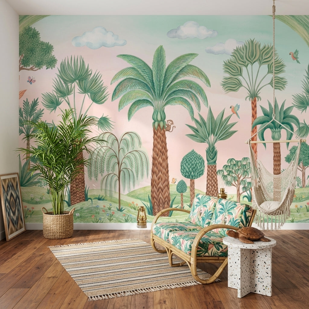 Tropical Landscape Wallpaper Palm Trees Watercolor Illustration Removable Wall Decor
