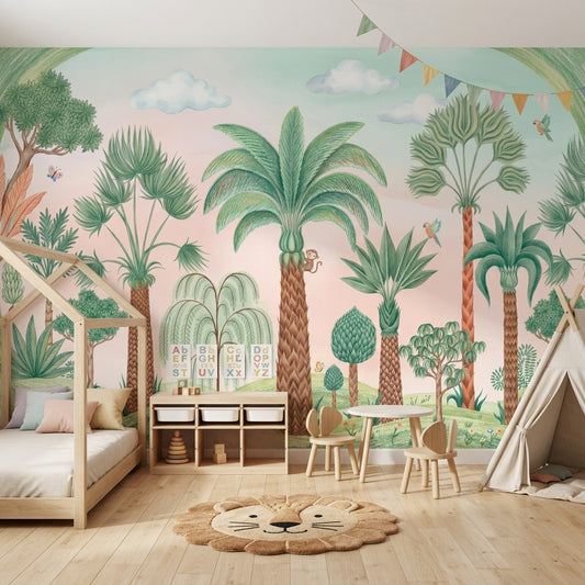 Tropical Landscape Wallpaper Palm Trees Watercolor Illustration Removable Wall Decor