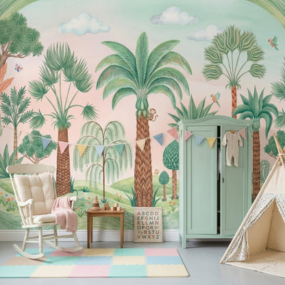 Tropical Landscape Wallpaper Palm Trees Watercolor Illustration Removable Wall Decor