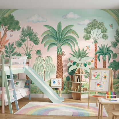 Tropical Landscape Wallpaper Palm Trees Watercolor Illustration Removable Wall Decor