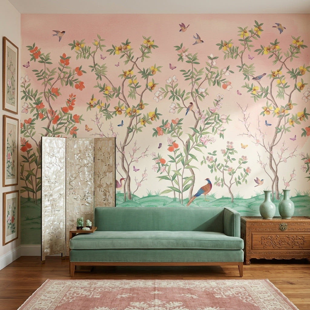 Chinoiserie Inspired Wallpaper Pastel Birds Wall Mural