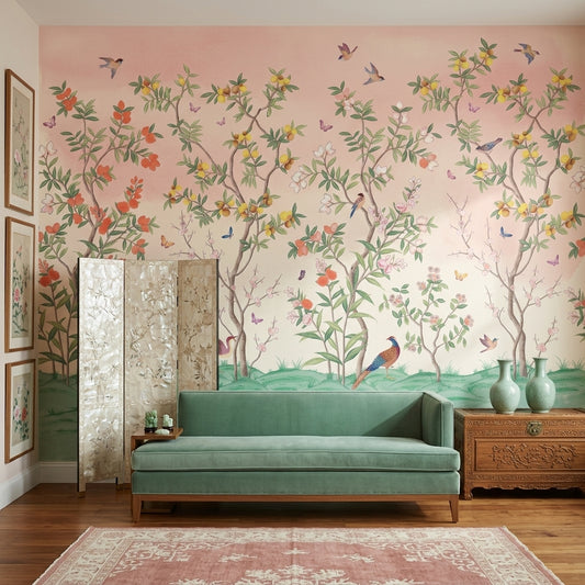 Chinoiserie Inspired Wallpaper Pastel Birds Wall Mural