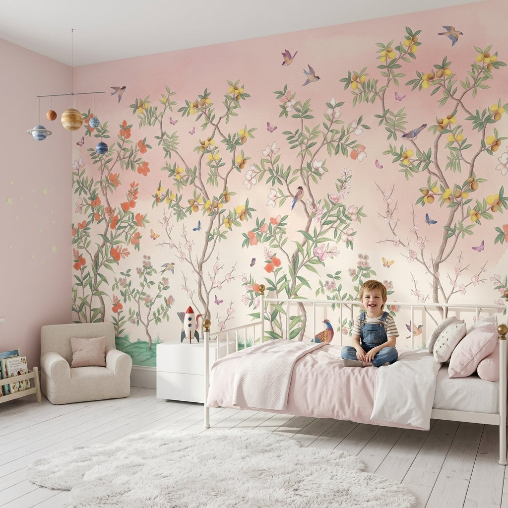 Chinoiserie Inspired Wallpaper Pastel Birds Wall Mural