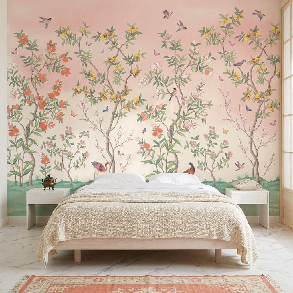 Chinoiserie Inspired Wallpaper Pastel Birds Wall Mural