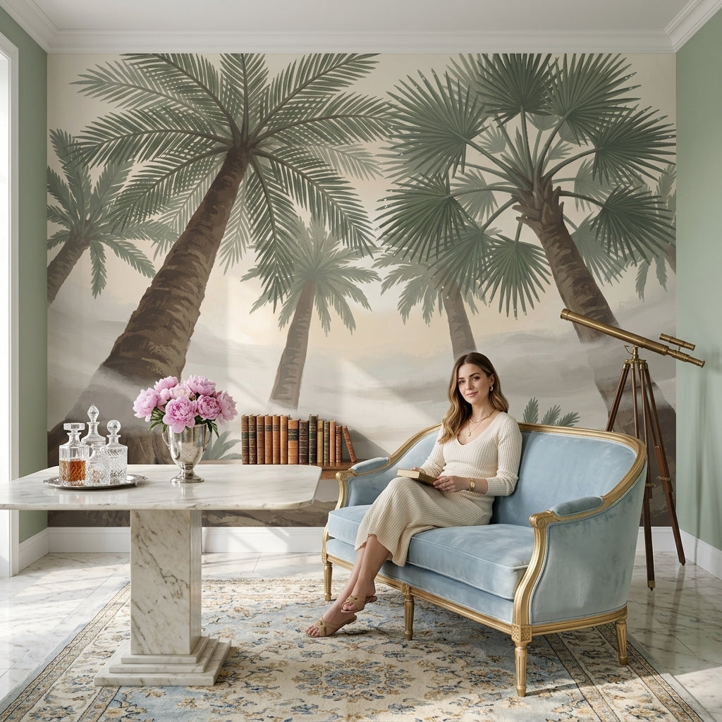 Muted Green Wallpaper Palm Trees Removable Tropical Wall Decor