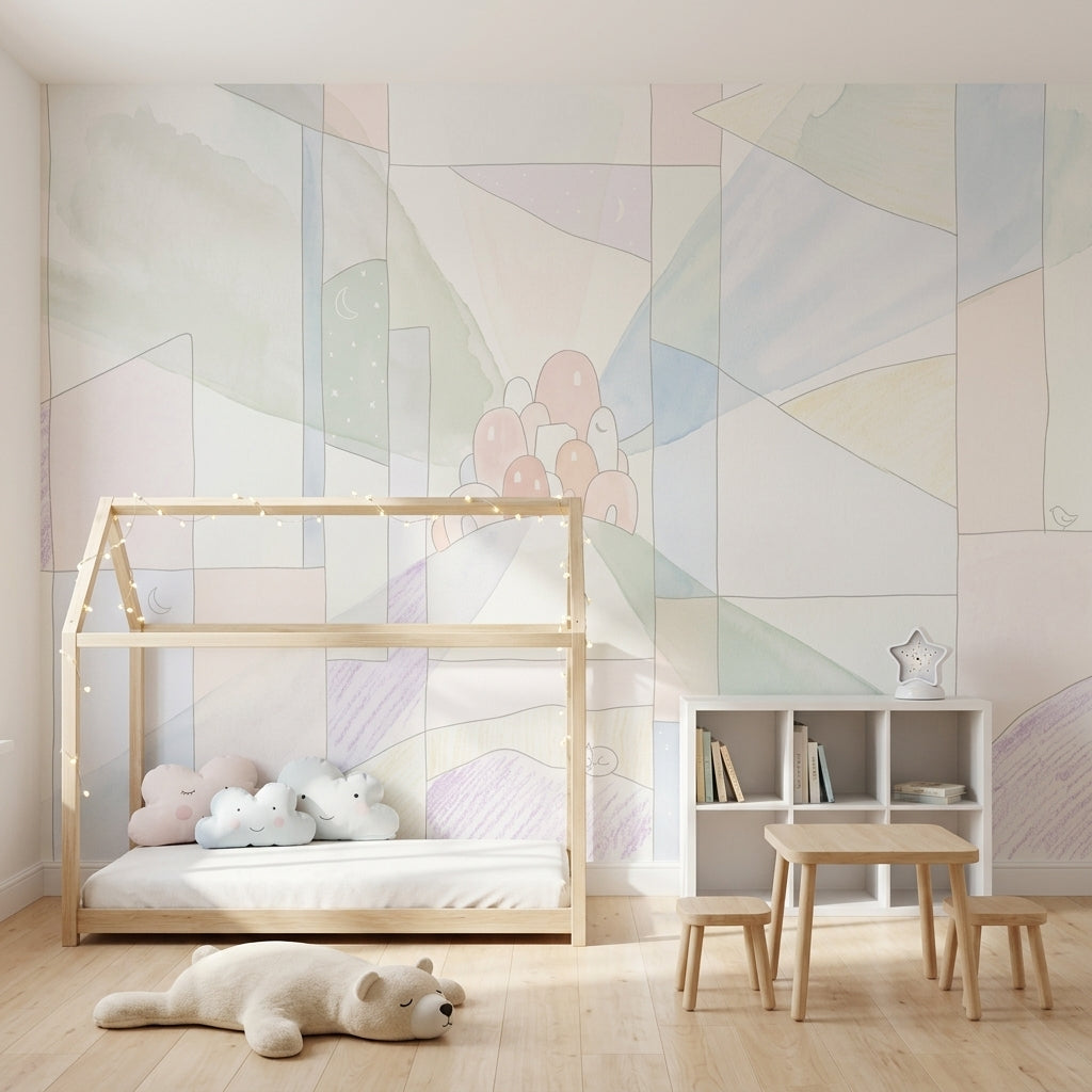 Abstract Landscape Wallpaper Geometric Panel Grid Moon And Stars Removable Wall Decor