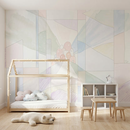 Abstract Landscape Wallpaper Geometric Panel Grid Moon And Stars Removable Wall Decor