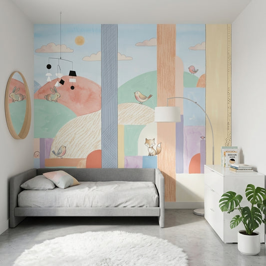 Abstract Landscape Wallpaper Pastel Woodland Animals Removable Wall Decor