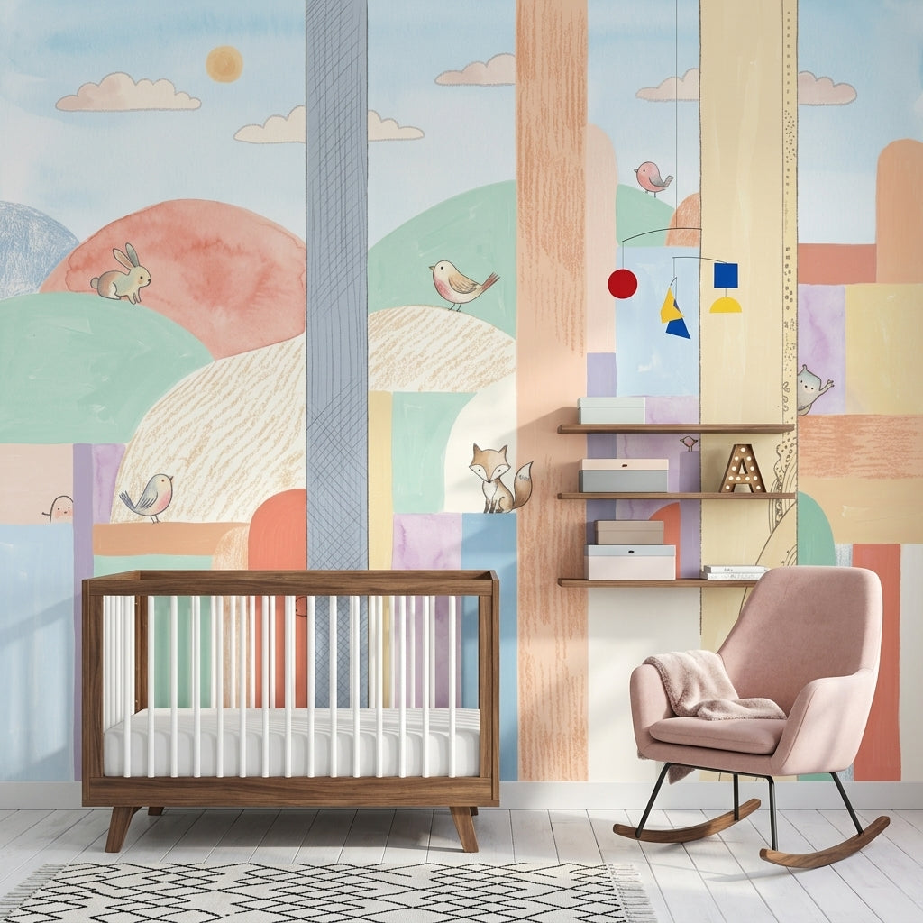 Abstract Landscape Wallpaper Pastel Woodland Animals Removable Wall Decor