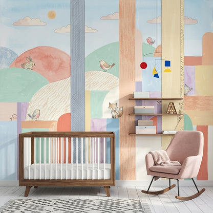 Abstract Landscape Wallpaper Pastel Woodland Animals Removable Wall Decor