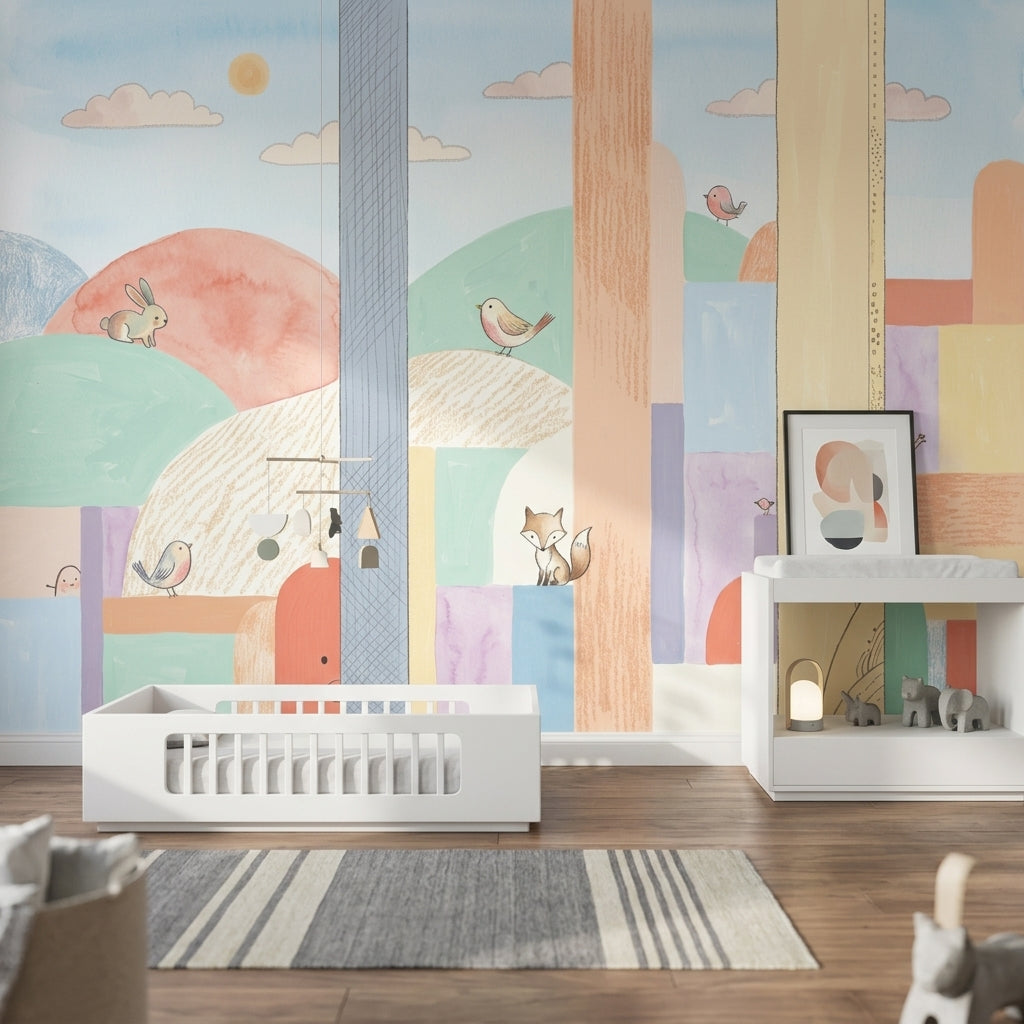 Abstract Landscape Wallpaper Pastel Woodland Animals Removable Wall Decor