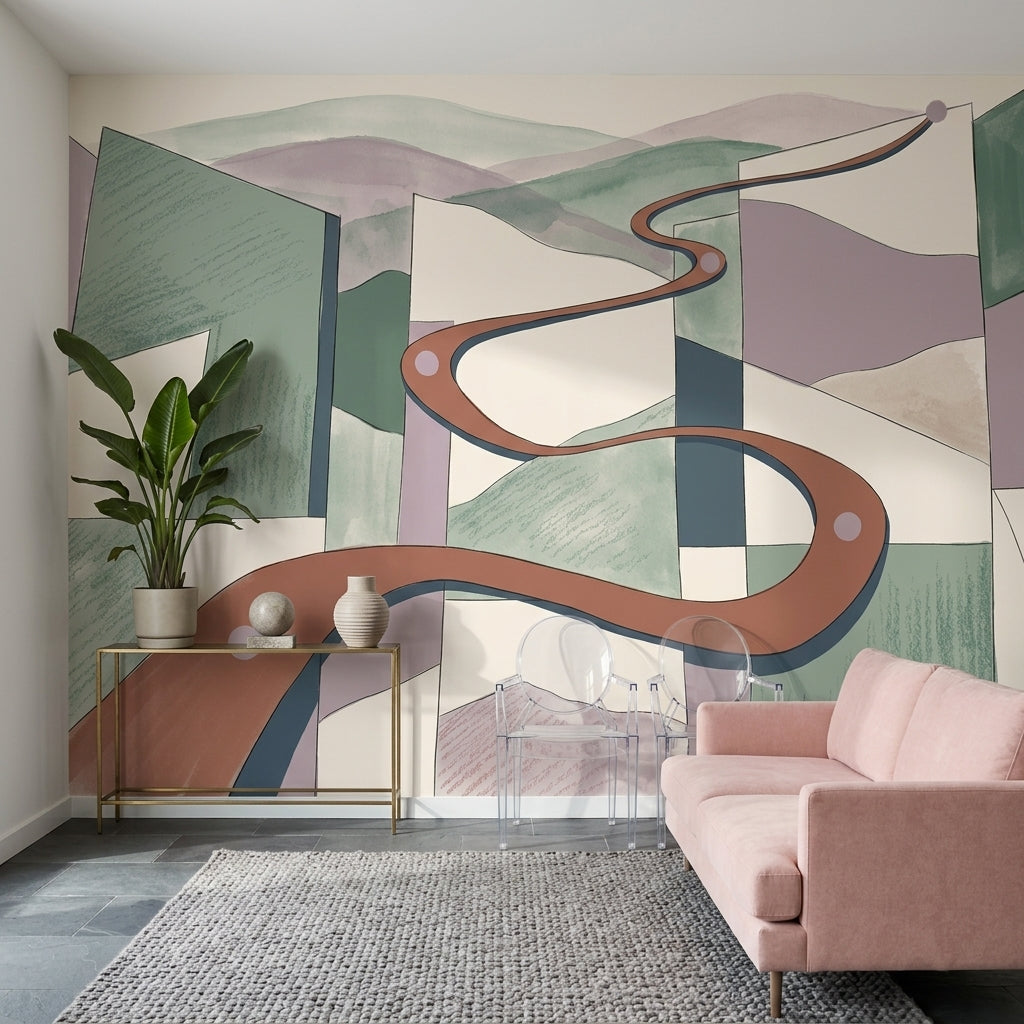Watercolor Texture Wallpaper Winding Road Geometric Wall Mural