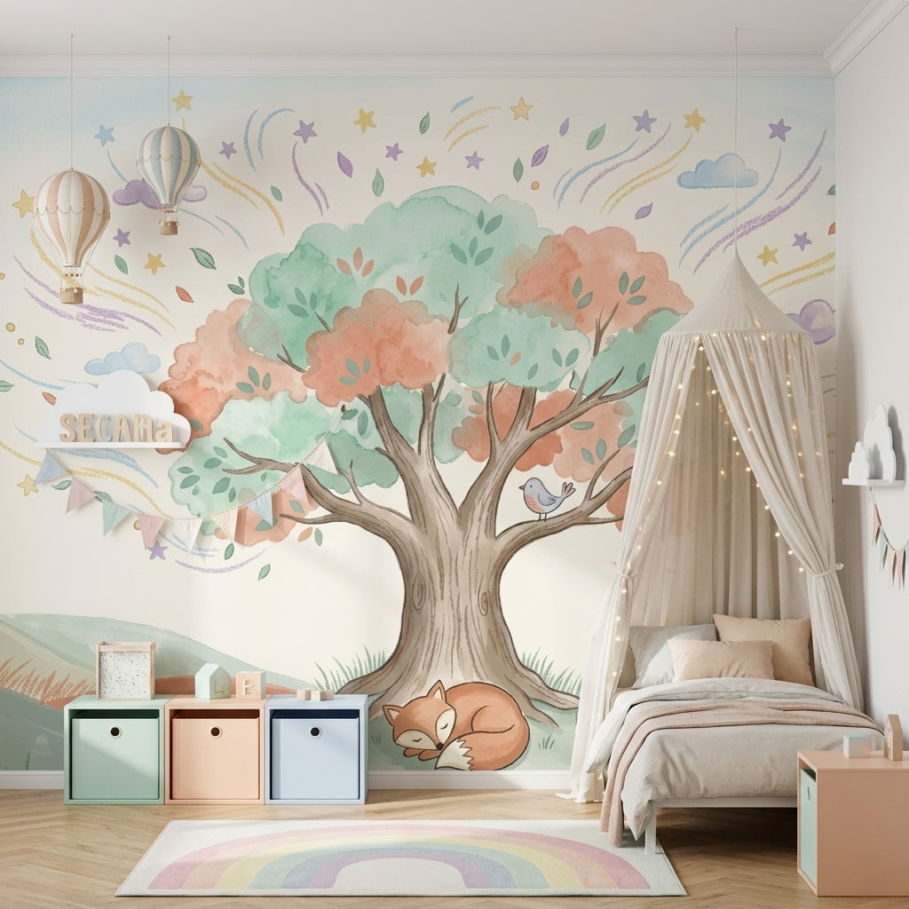 Watercolor Landscape Wallpaper Whimsical Tree Sleeping Fox Wall Mural