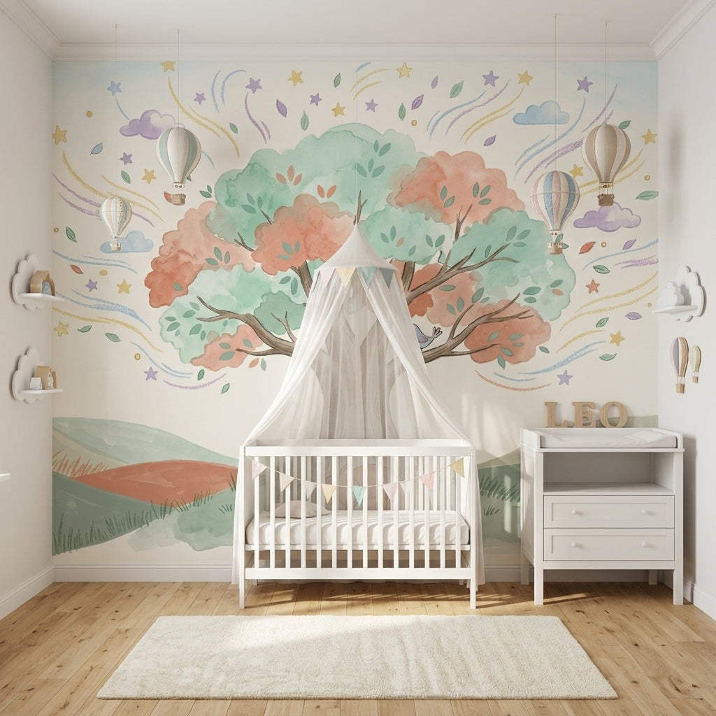 Watercolor Landscape Wallpaper Whimsical Tree Sleeping Fox Wall Mural