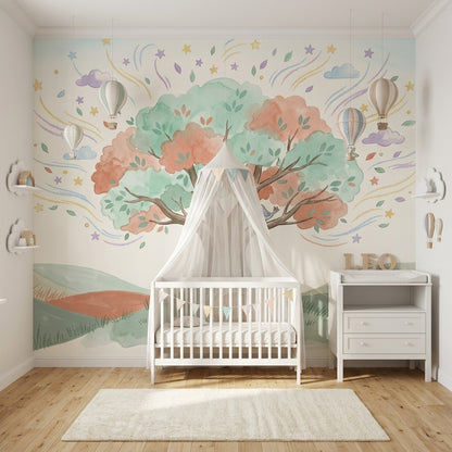 Watercolor Landscape Wallpaper Whimsical Tree Sleeping Fox Wall Mural