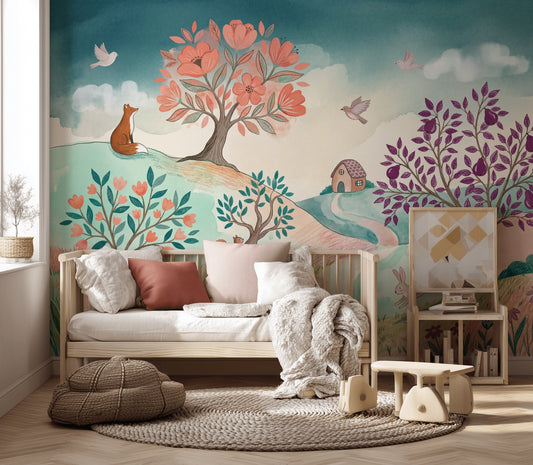 Whimsical Landscape Wallpaper Watercolor Removable Storybook Wall Decor