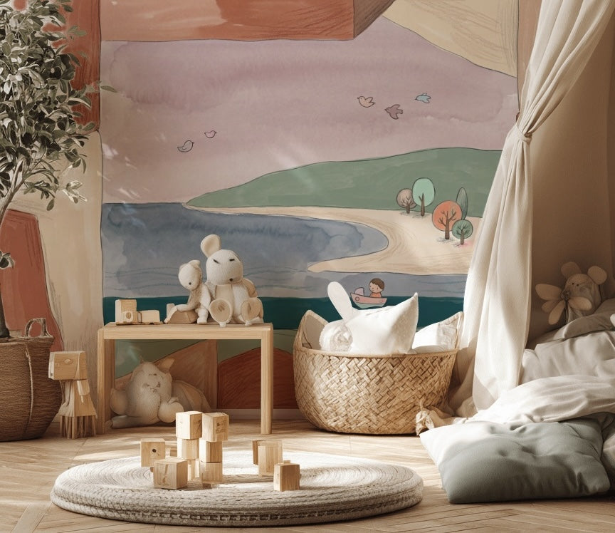Muted Green Wallpaper Coastal Landscape Storybook Wall Mural