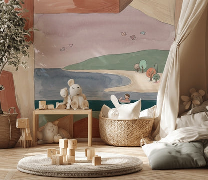 Muted Green Wallpaper Coastal Landscape Storybook Wall Mural