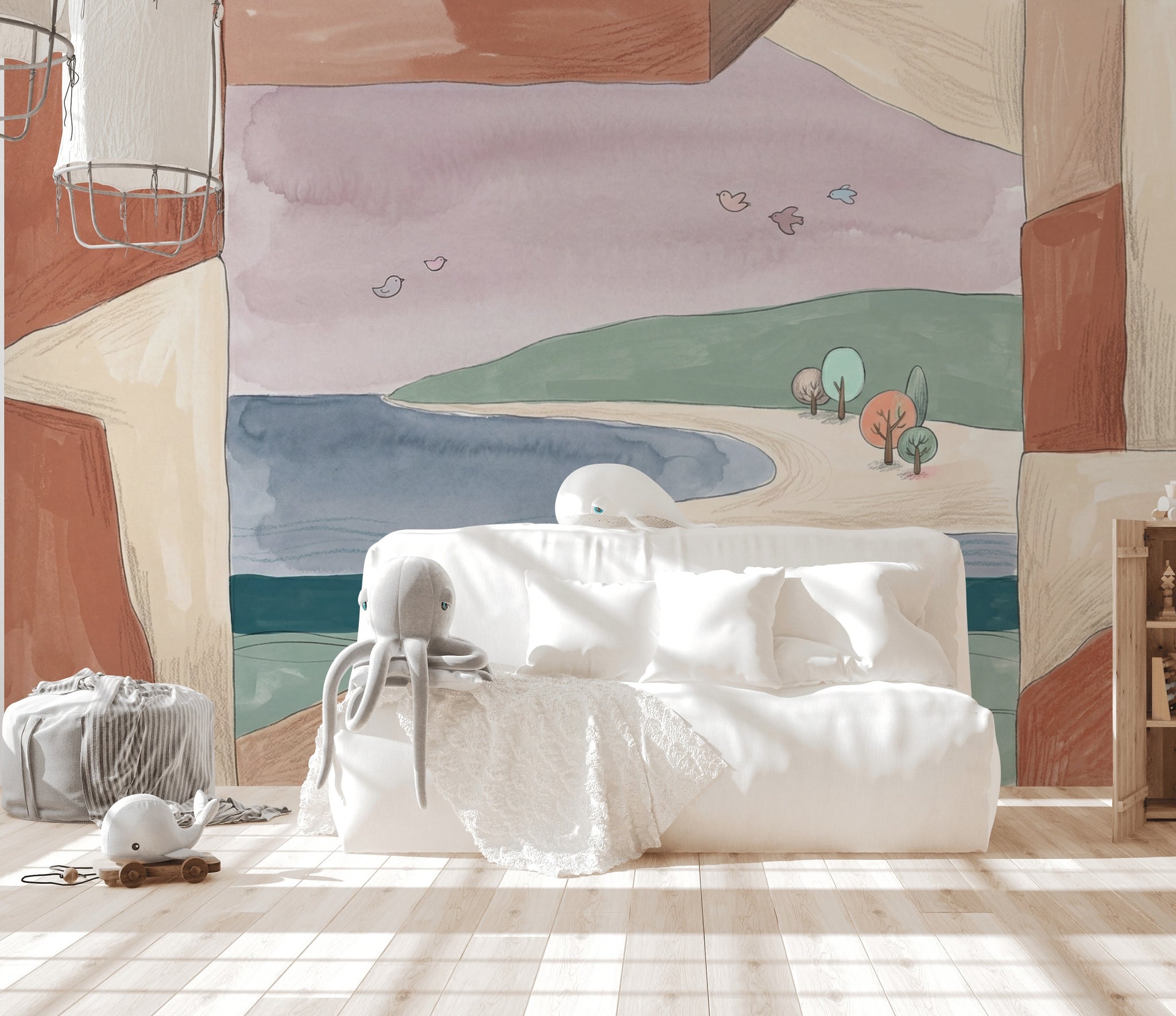Muted Green Wallpaper Coastal Landscape Storybook Wall Mural